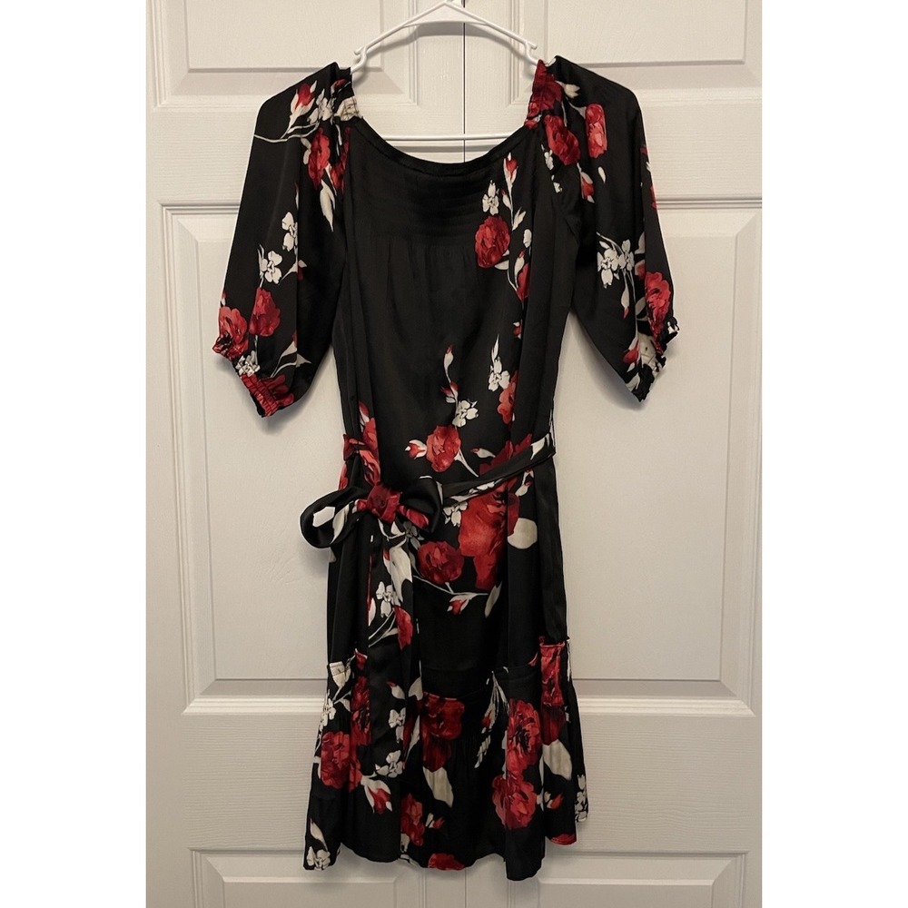 WHITE HOUSE BLACK MARKET Red Black Floral Tiered Ruffle Off Shoulder Small Dress